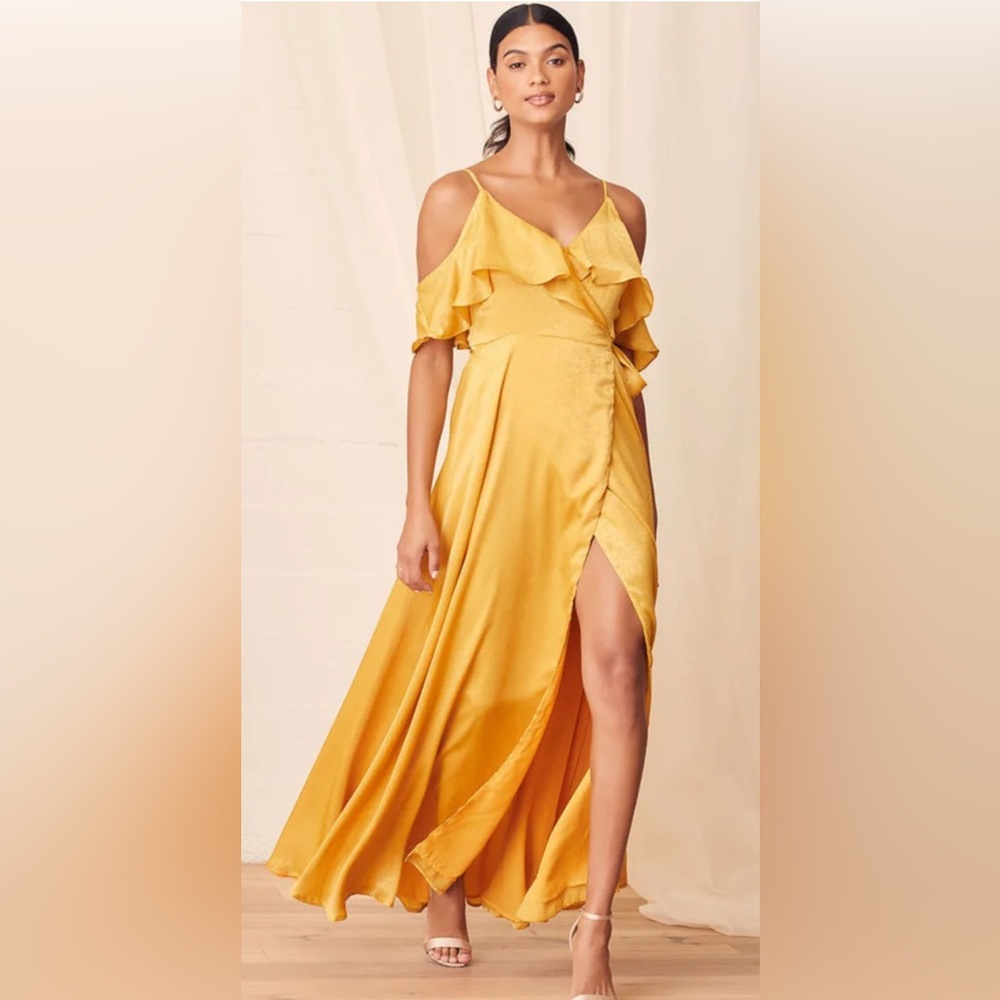 Moriah Mustard Yellow Satin Wrap Maxi Dress Size S. NWT